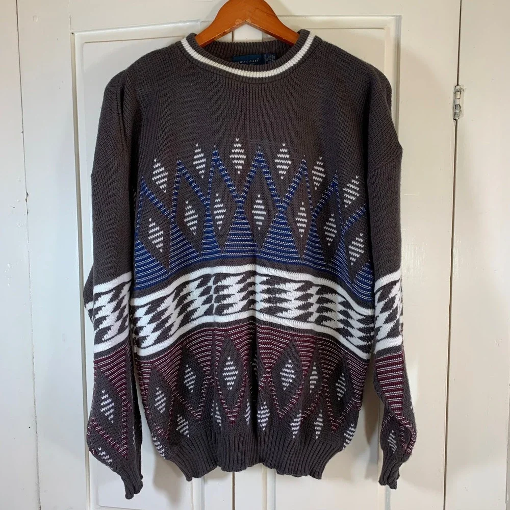 Vintage Towncraft Aztec Pattern Knit Sweater Mens XL USA RetroGray Blue Burgundy